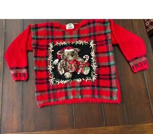Vintage‎ Tiara Teddy Bear Christmas Sweater Petite XL Red Plaid 90s